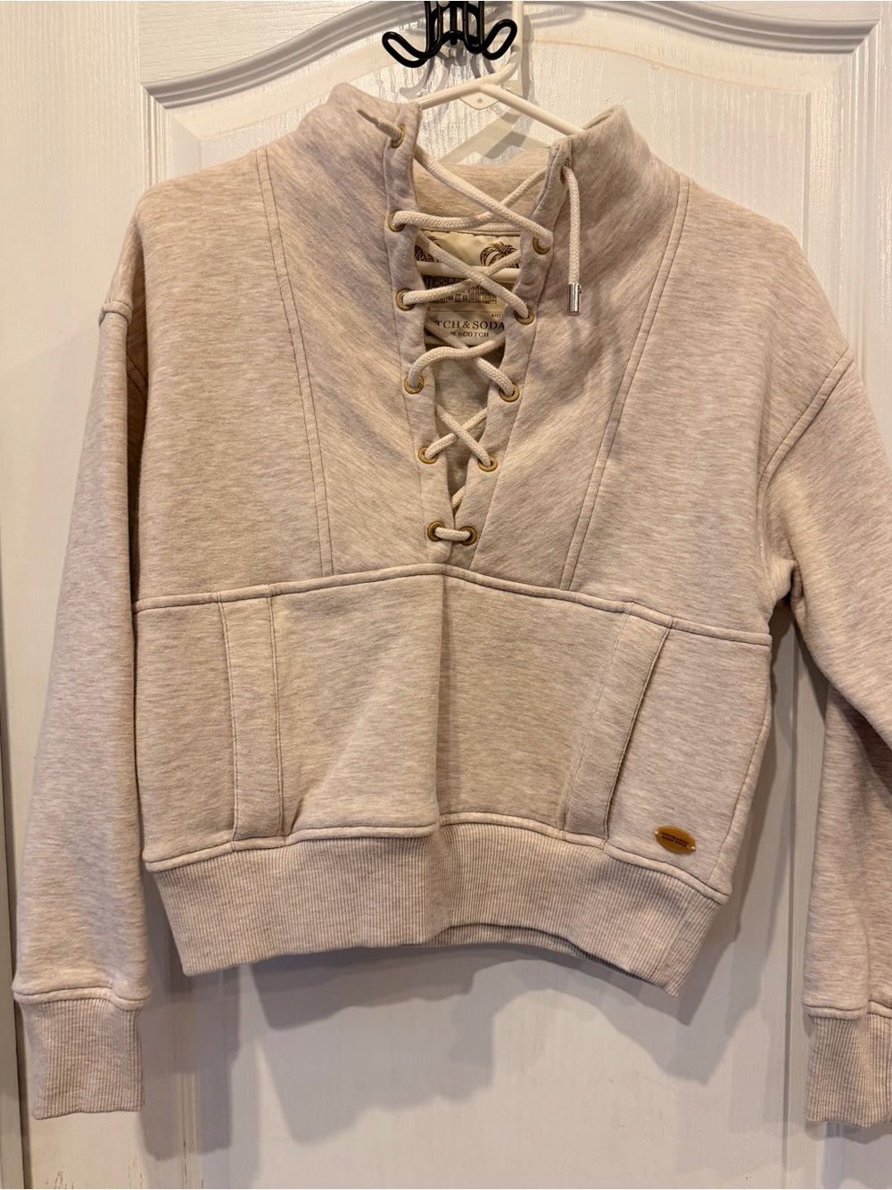 Scotch & Soda Cream Lace-Up Pullover Hoodie